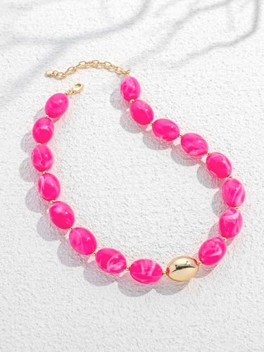 Chunky Beaded Necklaces for Women Statement Necklace | Bold Chunky Choker, Large Resin Beads, Adjustable Necklace, Boho Trendy Summer Beach Holiday Jewelry - color: Rose red
