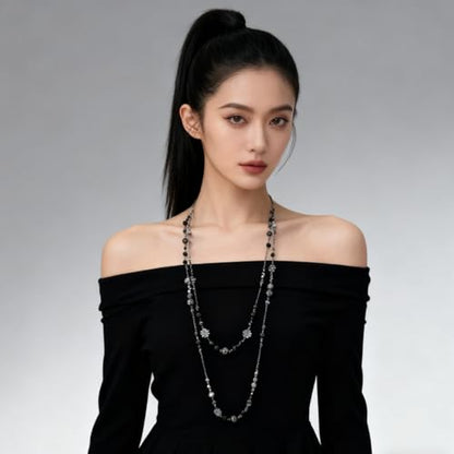 Long Pearl Necklaces for Women Pearl Long Chain Necklace Gold Chain Dainty Delicate Station Necklace Jewelry for Dress Party - color: 2Layer Black