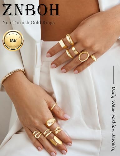 12 PCS Chunky Gold Stackable Rings for Women Non Tarnish 18K Gold Plated Statement Ring Stack Set Silver Adjustable Stacking Thumb Knuckle Band Dainty Open Rings Signet Cute Jewelry Gift - color: 12Pcs Gold