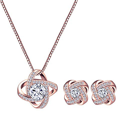 AMYJANE Bridal Jewelry Set for Women - Crystal Cubic Zirconia Love Knot Necklace Stud Earrings Elegant CZ Jewelry Set for Wedding Bride Bridesmaids Gift Set - color: Clear(14k Rose Gold Plated)
