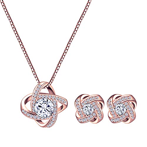 AMYJANE Bridal Jewelry Set for Women - Crystal Cubic Zirconia Love Knot Necklace Stud Earrings Elegant CZ Jewelry Set for Wedding Bride Bridesmaids Gift Set - color: Clear(14k Rose Gold Plated)