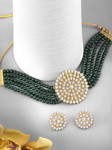 Aheli Pearl Diamond Choker Necklace & Round Earrings Gift for Women Indian Traditional Bollywood Fashion Bharatanatyam jewellery set - color: Green 3