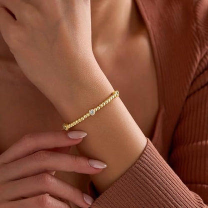 M MOOHAM Gold Beaded Charm Bracelets for Women Girls Non Tarnish | 14K Gold Plated, Dainty CZ Heart Smile Face Cross Charm Stretch Bead Bracelet for Women Teenage Teen Girls - color: Round CZ