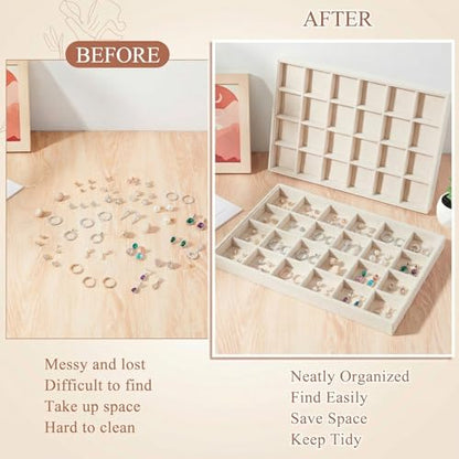 Cinnvoice 2 Pcs Stackable Jewelry Organizer Tray for Drawer, 24 Grids Velvet Earrings Ring Tray for Selling Earring Necklace Bracelet Showcase Display Organizer (Beige)