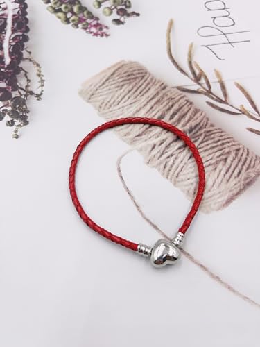 GMXLin Leather Charm Bracelet Heart Snap Clasp Clip Lock Handmade Braided Wristband Compatible with Women Pandora Charm Bead - color: Red