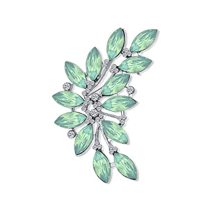 Fashion Large Aqua Green Marquise Crystal Statement Leaf Brooch Pin For Women For Mother Silver Plated Brass