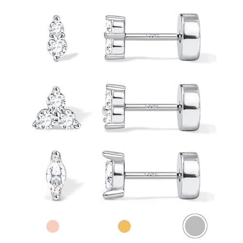 14K Gold Plated 925 Sterling Silver Flat Back Earrings Set | Hypoallergenic Cartilage Helix Conch Tragus Piercing Jewelry 3 Pairs Small Screw Dainty CZ Opal Earring Set Men Women - color: Silver, Style C