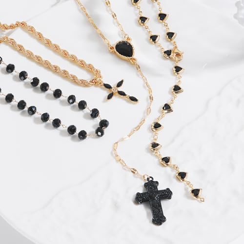 Bocar Layered Black Bead Cross Pendant Y-Necklace for Women Gold Accent Retro Choker Jewelry Ideal Gift(NK-10822) - color: Black