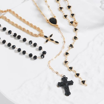 Bocar Layered Black Bead Cross Pendant Y-Necklace for Women Gold Accent Retro Choker Jewelry Ideal Gift(NK-10822) - color: Black
