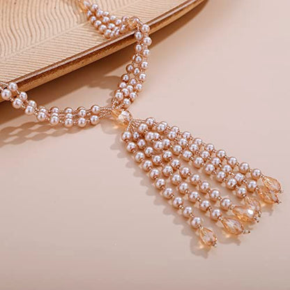 Aimimier Bohemian 3-Strand Faux Pearl Knot Beaded Necklace - color: Champagne