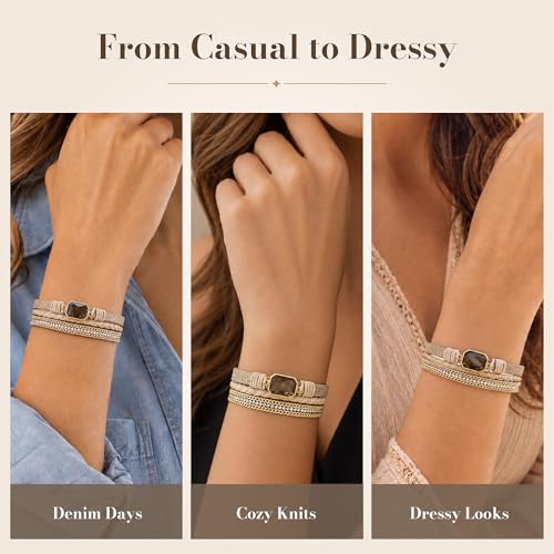 Fesciory Leather Wrap Bracelet for Women, Boho Western Layered Cuff Jewelry | Stackable Bracelets, Easy-On Clasp, Daily Wear, Pairs with Boho Western Outfits, Gift for Women - color: Beige1