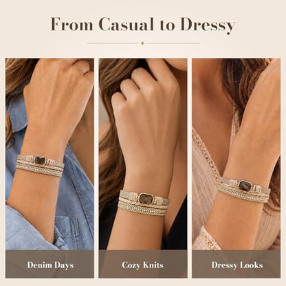 Fesciory Leather Wrap Bracelet for Women, Boho Western Layered Cuff Jewelry | Stackable Bracelets, Easy-On Clasp, Daily Wear, Pairs with Boho Western Outfits, Gift for Women - color: Beige1