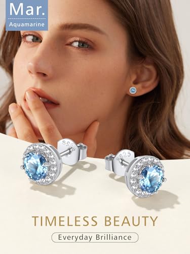 FindChic Birthstone Earrings for Women, Round/Heart/Square/Teardrop Earrings with 925 Sterling Silver Posts & Push Backs, Hypoallergenic Studs with Cubic Zirconia, 12 Months Jewelry with Gift Box - style: 03. March-Aquamarine (Round)