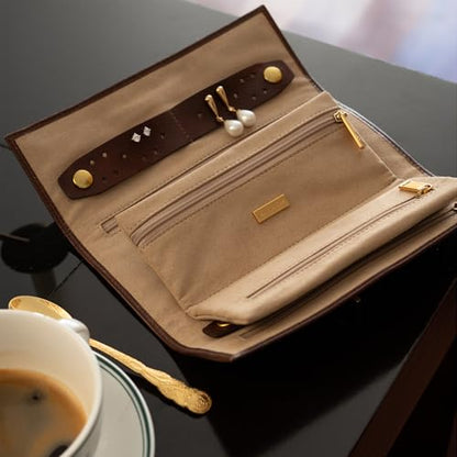 Time Resistance Leather Jewelry Roll - Full Grain Leather Travel Jewelry Case - Jewellery Organizer Made in Italy (Brown) - color: Brown