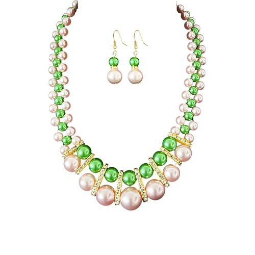 Dreuyet Multi-Layer Pink Green Pearl Necklace Earrings Set Faux Pearl Chunky Beaded Choker Statement Earring AKA Sorority Gifts for Women Costume Jewelry for Party Wedding Prom - color: Pink and Green 2 Layered