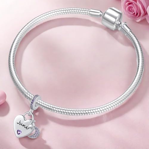 12 Months Birthstone Heart Charm Moon and Star Pendant Bead Compatible with Pandora Bracelet Women - style: June
