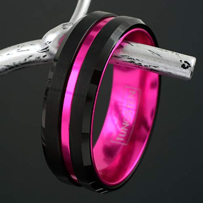 Engraved Personalized 6mm/8mm Brushed Satin Finish Black Tungsten Carbide Band Ring with Hot Pink Stripe & Hot Pink Anodized Aluminum Comfort Fit Inner Band.