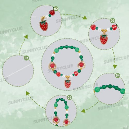 SUNNYCLUE 1 Box 6 Sets Christmas Fruit Bracelet Making Kits Enamel Strawberry Charms Red Green Glass Spring Food Alloy Light Gold Heart Flower Leaf Beads for Jewelry Making Kits Starter Supplies - style: Cherry 2