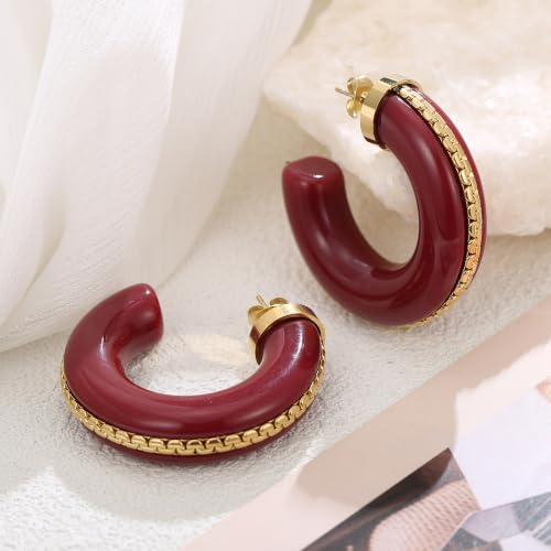 Gold Plated Resin Chunky Hoop Earrings Hypoallergenic Push Back Hoops for Sensitive Ears - color: Burgundy