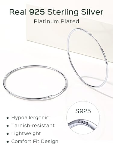ChicSilver 925 Sterling Silver Hoop Earrings for Women Hypoallergenic, Lightweight Large Gold Plated Silver Hoop Earrings, Endless Hoops Earring 20/30/40/50/60/70MM - color: A. High Polished Silver, size: 70mm