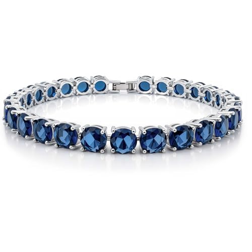 KEZEF Tennis Bracelet for Women, 7mm Round CZ, Silver Plated Brass, 6.5–8 Inch, Fold-Over Clasp - color: Simulated Blue Sapphire, size: 8 Inch
