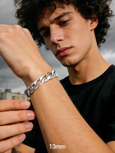 PROSTEEL Bracelets for Men, Figaro/Cuban Mens Bracelet, Silver/Gold/Black | 6/9/13mm Width, 7.5/8.3/9" Length, Stainless Steel Mens Bracelet, Durable & Non Tarnish, Chunky Jewelry with Gift Box - style: G 13mm-Cuban-Silver