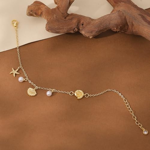 Gold Bracelets for Women, Dainty Friendship Charm Bracelet 14K Gold Plated Summer Shell Starfish Pearl Bracelet Cute Heart Charm Bracelets for Women Trendy Non Tarnish Beach Jewelry Gifts - color: Gold-Shell