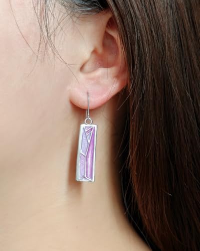 Silver Dangle Earrings for Women Shaped Rectangle Wide Bar Enamel Earrings Colorful Geometric Drop for Daily - color: Purple
