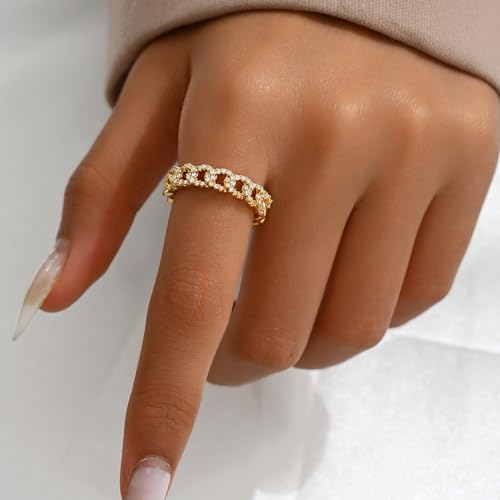 Adjustable Rings for Women 18K Gold Plated daisy Flower Butterfly Ball Cubic Zirconia Rings Dainty Open Stacking Ring - color: Link Chain-Gold