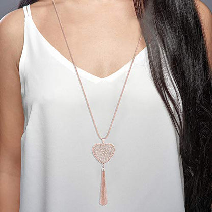 MOLOCH Long Necklaces For Woman Disk Circle Pendant Necklaces Tassel Fringe Necklace Set Statement Pendant - color: heart-shaped-rose gold