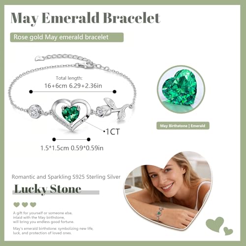 1CT Rose Heart Birthstone Bracelet for Women Love Gift - style: 05-May Emerald Silver
