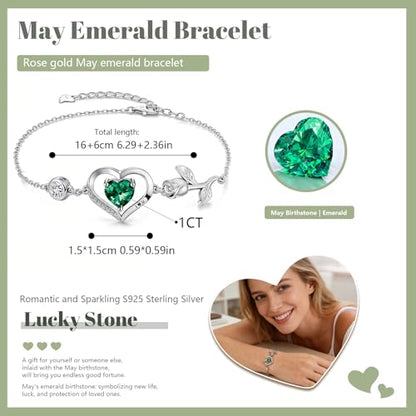 1CT Rose Heart Birthstone Bracelet for Women Love Gift - style: 05-May Emerald Silver