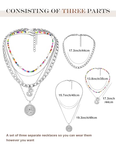 MJartoria Layered Necklaces for Women Trendy Balloon Initial Pendant Necklace Dainty Chunky Chain Beaded Choker Necklaces Jewelry Birthday Gifts - color: Silver, style: S
