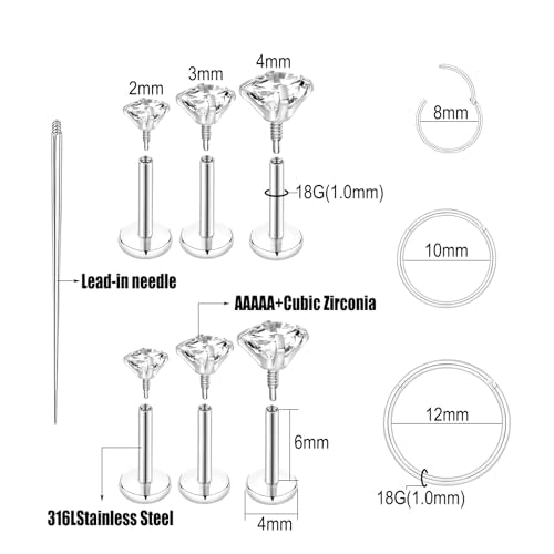 16G 18G Surgical Steel Internal Thread Stud Piercing Jewelry Set Nose Medusa Lip Labret Stud Hypoallergenic Clicker Hoop Septum Rings Cartilage Tragus Helix Conch Earrings for Women Men - color: 18G-6mm-silver
