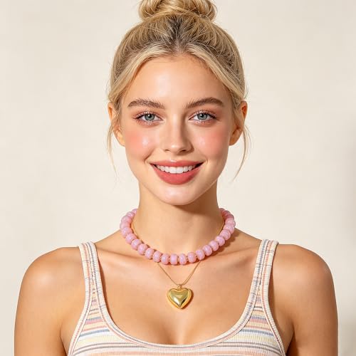 YUJIE Chunky Heart Pendant Necklace for Women- Exaggerated Statement Puff Heart Necklace with Acrylic Beaded Chain - color: B-PINK