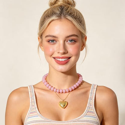 YUJIE Chunky Heart Pendant Necklace for Women- Exaggerated Statement Puff Heart Necklace with Acrylic Beaded Chain - color: B-PINK