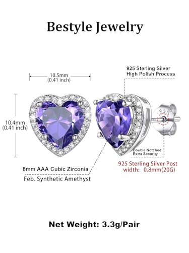 Bestyle Authentic 925 Sterling Silver 2 Carat Birthstone Earrings for Women, More Sparkle Heart/Round Solitaire Diamond Studs Earrings, Great Birthday/Christmas/Anniversary Jewelry for Wife Mother - color: 02. Feb. Amethyst-Heart
