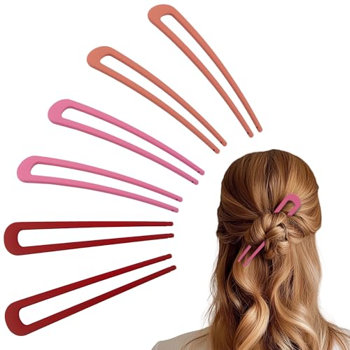 6Pcs Metal French Hair Pins for Women U Shape Sticks 3.9 Inch Vintage Fork for Hairstyle Accessories(Pink/Orange Red/Red) - color: Pink/Orange Red/Red
