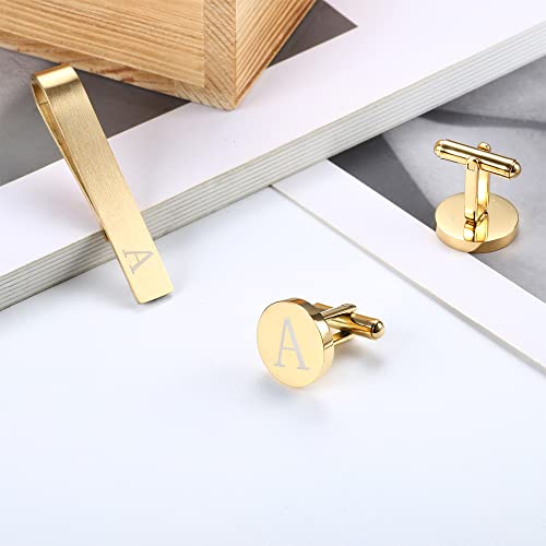 LOYALLOOK Black Initial Cufflinks and Tie Clip Set for Men Personalized Copper Cuff links and Tie Bar Letter Alphabet A-Z Gift for Father Husband Valentine Gifts for Men - color: A