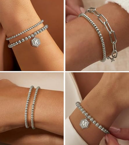 doubgood Gold Bracelets for Women, 14K Gold Plated Stackable Initial Beaded Bracelet with Letter Pendant Waterproof Stretch Trendy Stack Jewelry Set Gifts for Mom Christmas - color: H - Silver