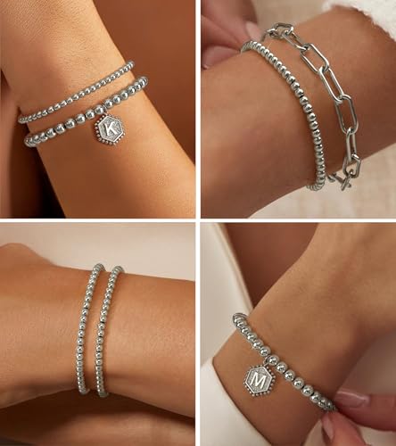 doubgood Gold Bracelets for Women, 14K Gold Plated Stackable Initial Beaded Bracelet with Letter Pendant Waterproof Stretch Trendy Stack Jewelry Set Gifts for Mom Christmas - color: L - Silver