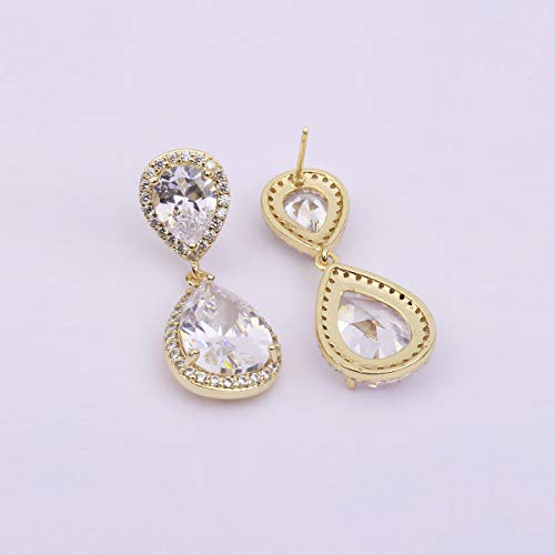 Teardrop Dangle Earrings for Wedding - Sparkly Sterling Silver Cubic Zirconia Crystal Rhinestone Drop Earrings Pierced Austrian Style Hypoallergenic Earrings Womens Bridal Jewelry - style: PJ double teardrop earrings gold