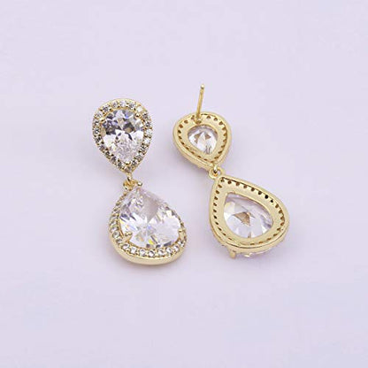 Teardrop Dangle Earrings for Wedding - Sparkly Sterling Silver Cubic Zirconia Crystal Rhinestone Drop Earrings Pierced Austrian Style Hypoallergenic Earrings Womens Bridal Jewelry - style: PJ double teardrop earrings gold