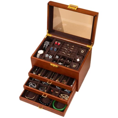 Bescott 5 Layer Solid Wooden Jewelry Box with Lock and Key for Women Men Vintage Velvet Wood Jewelry Organizer Storage for Earrings Rings Necklaces Bracelet Watch Mother’s Day Gift - color: Deep brown velvet, size: 5 Layer(11"X7.9"X7.9")