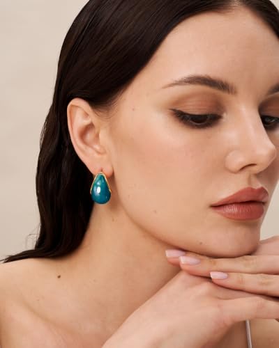 SNGIA Oval C Shape Chunky Dangle 18K Gold Plated Hoops with Colored Resin Gemstone Statement Earrings for Women by SNGIA, (Green, Brown, Blue, Pink, White, Cream), Long Bold Drop Handmade Exaggerated Irregular Trendy Bohemian Jewelry Gifts, Unique Danglin