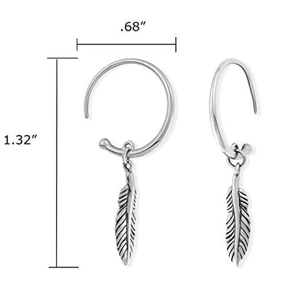 Boma Jewelry Sterling Silver Bohemian Tribal Feather Drop Pull Through Hoop Earrings