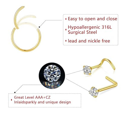 15PCS 14K Gold Plated Nose Rings Studs Set for New Piercing Beginners - color: Gold-18g 9pcs Hoops and Stud set