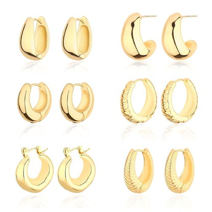 Wgoud 6 Pairs Chunky Gold Hoop Earrings for Women, 14K Gold Plated Hoop Earrings Hypoallergenic, Thick Lightweight Twisted Huggie Hoops Earring Set for Women’s Jewelry GIfts - color: 6 Prs Chunky Gold