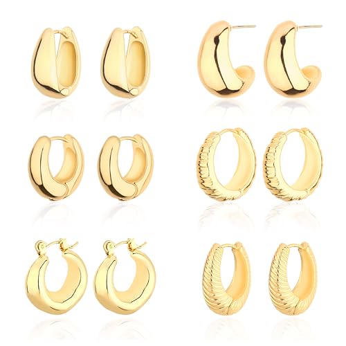 Wgoud 6 Pairs Chunky Gold Hoop Earrings for Women, 14K Gold Plated Hoop Earrings Hypoallergenic, Thick Lightweight Twisted Huggie Hoops Earring Set for Women’s Jewelry GIfts - color: 6 Prs Chunky Gold