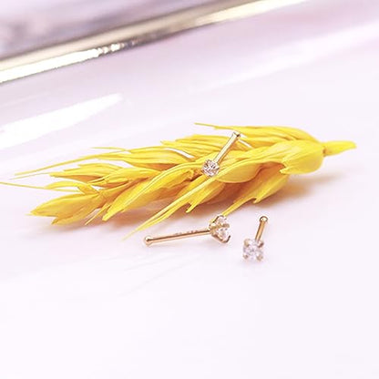 3 Pcs 14K Gold Filled Nose Studs 20G Stainless Steel Stud Nose Ring 2mm/2.5mm/3mm Round CZ L Bend Nose Stud Hypoallergenic Nose Piercing - color: gold I